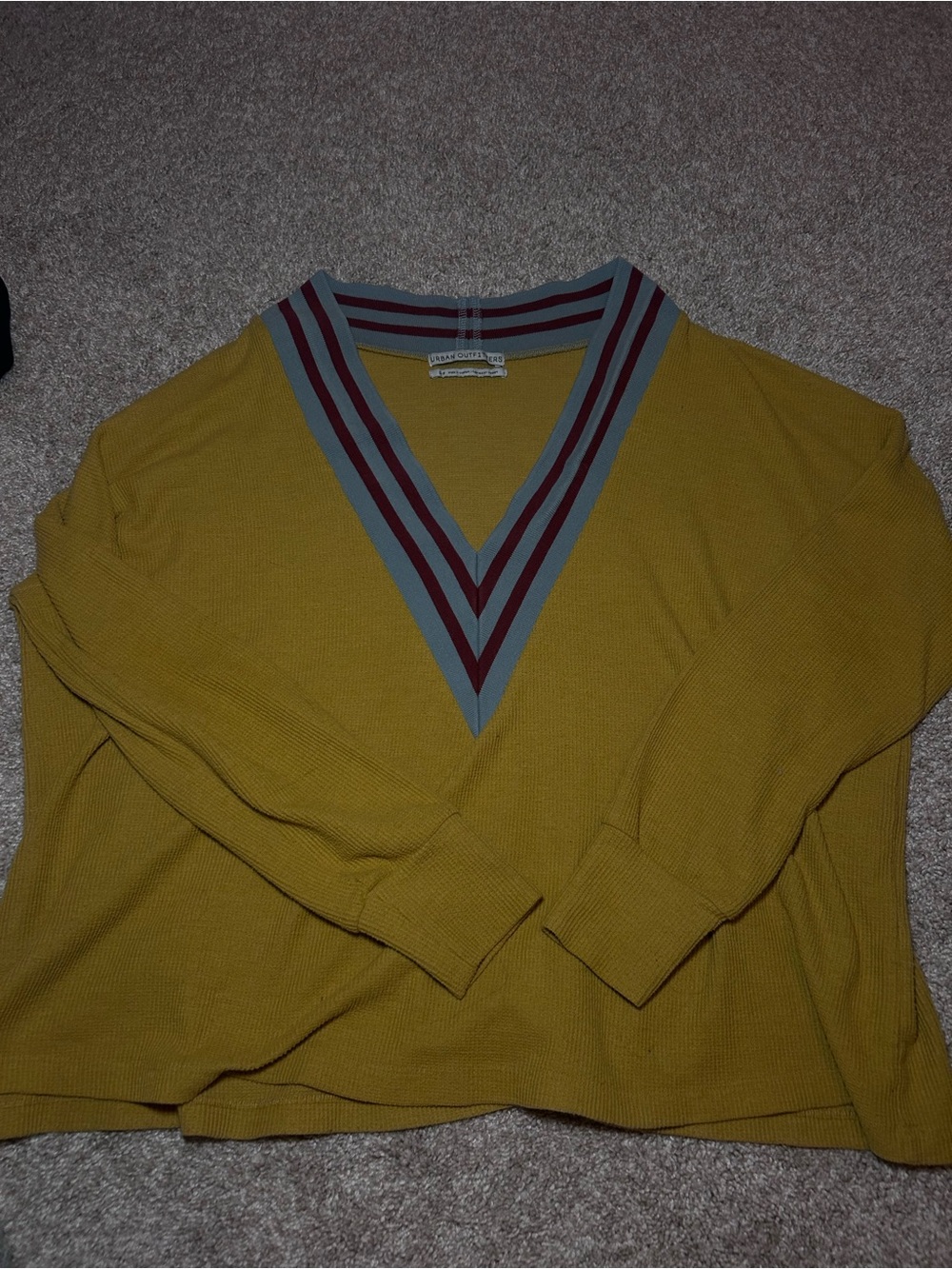 Urban Outfitters Mustard V‑Neck Long Sleeve with Blue and Burgundy Trim